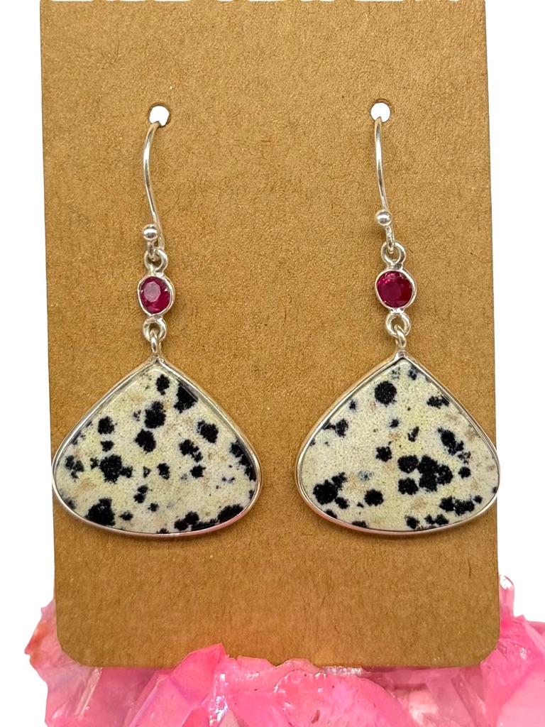 Dalmatian Jasper & Ruby Earrings Solid 925 Sterling Silver Dangle Drop